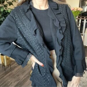 Rena Lange Ruffled Hem Black Virgin Wool Cardigan Knit Sweater Cocktail Party XL
